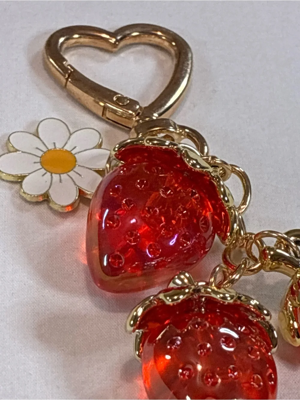 Strawberry Charm Keychain with Daisy Accent - Red & Gold